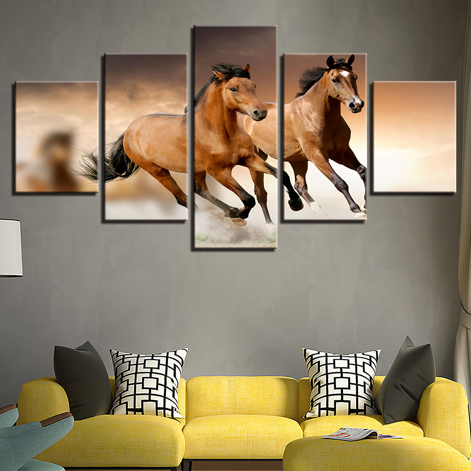 Wall Pictures 5 Panel Brown Couple Horse Abstract Canvas Wall Art Animal 5 Pieces Modern Decoration