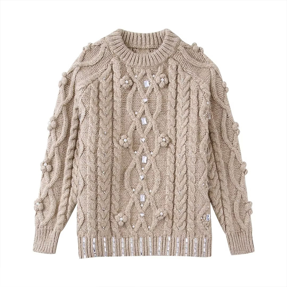 Women 2022 autumn New Fashion With Faux Pearl Knitted Sweater Vintage Lantern Sleeve Female Outerwear Chic Tops alx