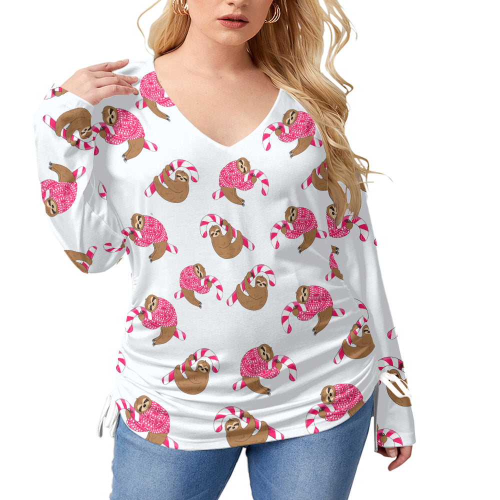 Sloth And Candy Cane V-Neck Plus Size T-Shirt