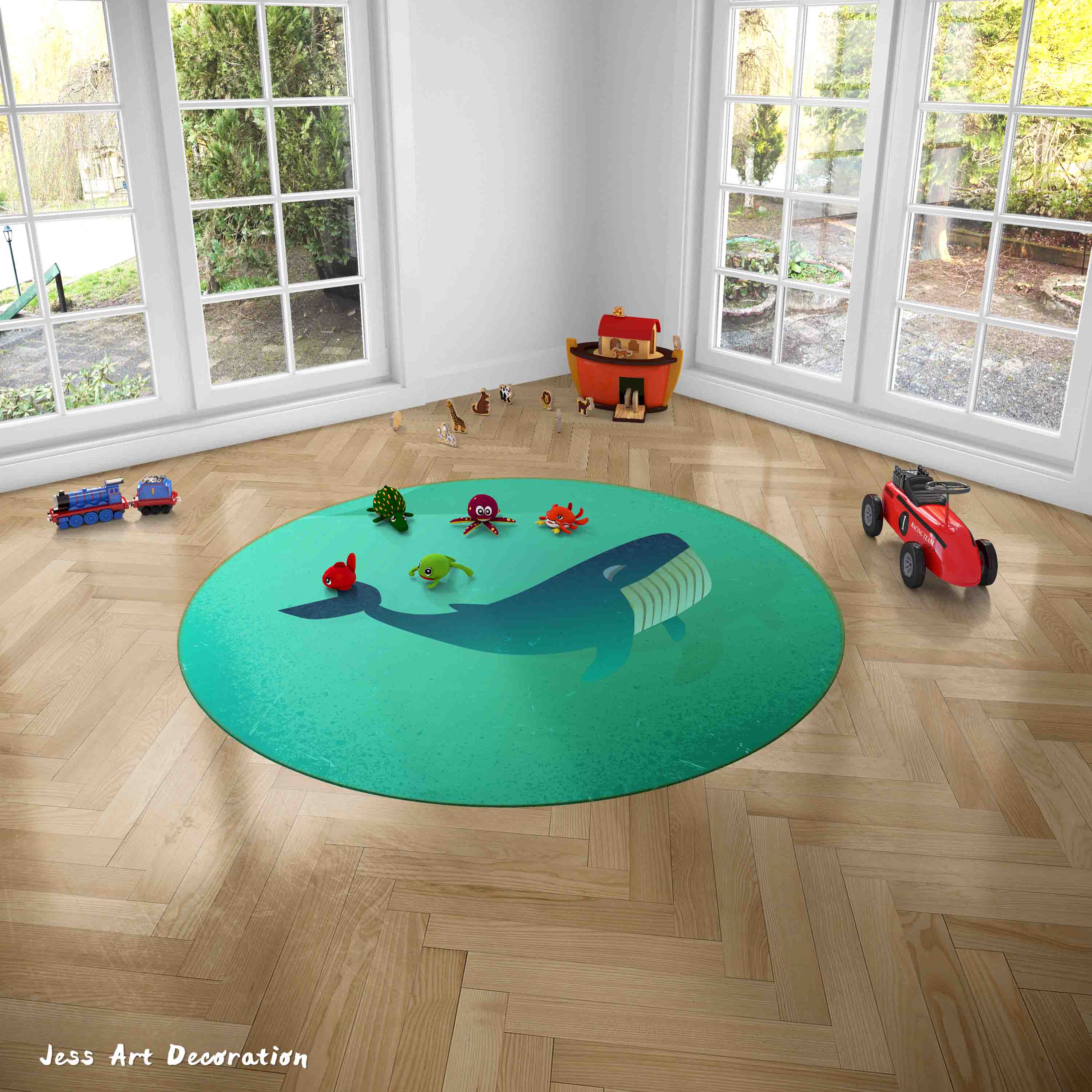 3D Cartoon Animal Shark Green Kids Non-Slip Round Rug Mat 130