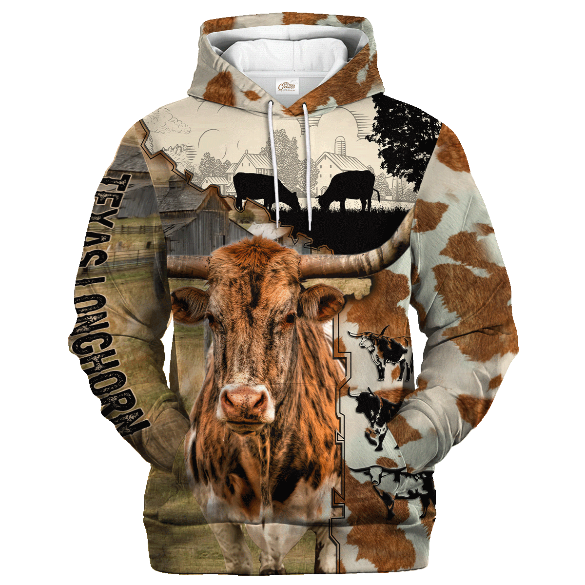 Texas Longhorn Fur Pattern On The Farm Hoodie, Texas Longhorn Hoodie