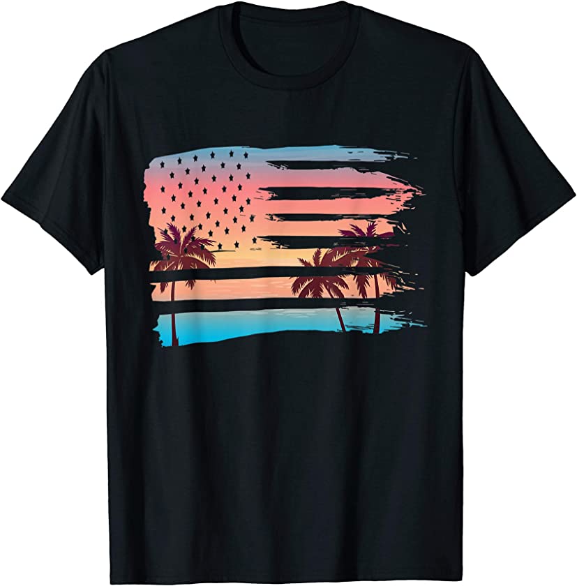 Vintage Tropical Summer-holiday and USA flag Beach Palm tree T-Shirt