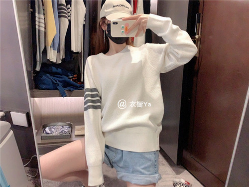 Spring New Tb College Style Waffle Sweater Loose Ins Super Fire Four-bar Round Neck Sweater Top alx