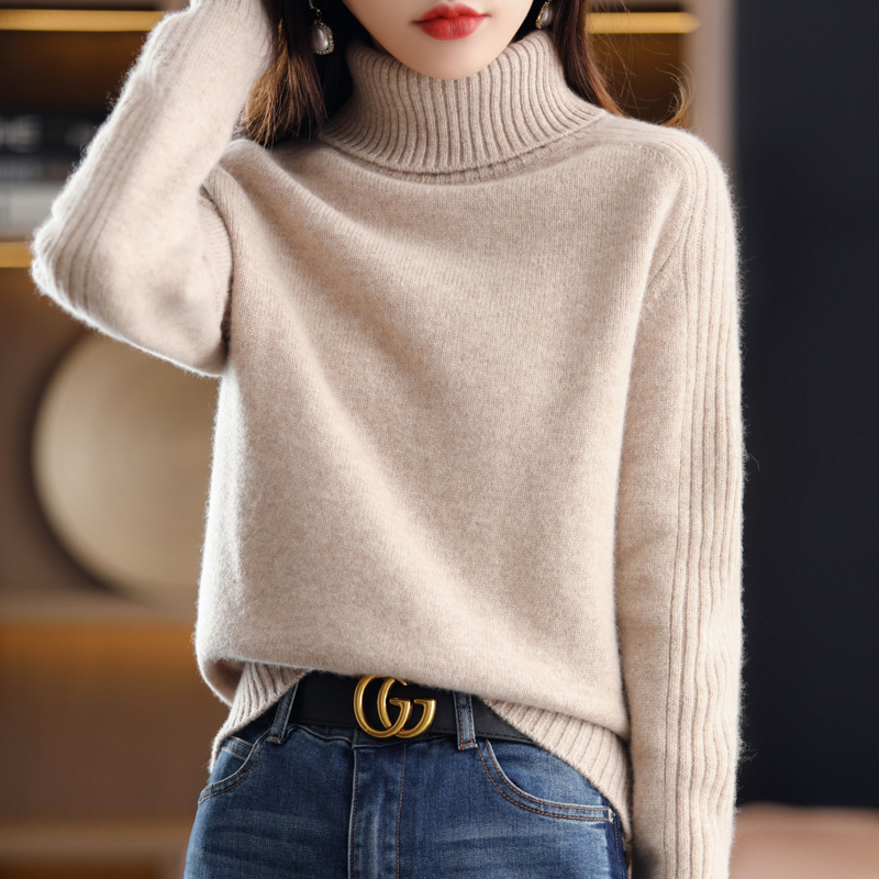 Autumn Winter New 100%Pure Wool Sweater Women High Lapel Knit Base Shirt Cashmere Loose Thick Long-Sleeve Blouse Warm Pullover alx