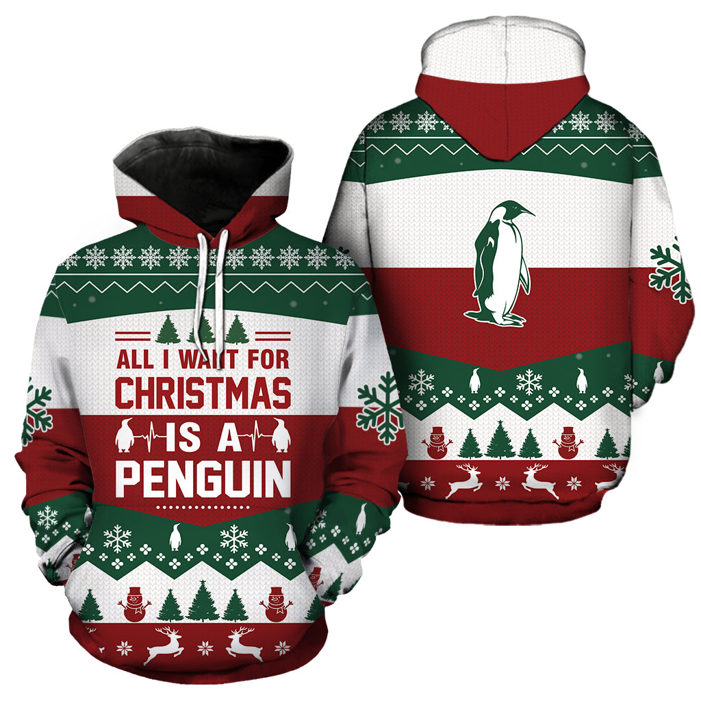 Penguin All I Want For Christmas Full Hoodie All Over Print Thicken Pullover Fleece Hoodie