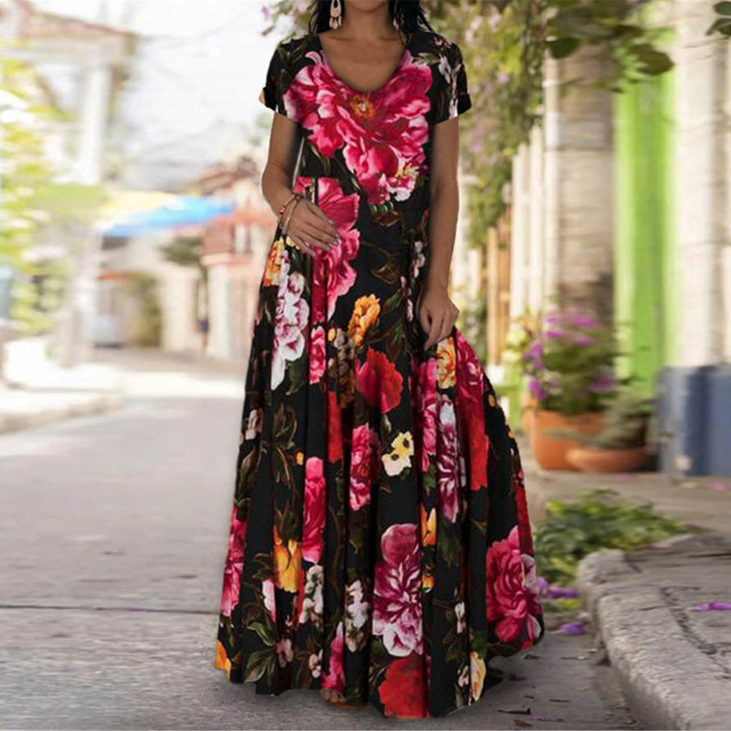 Summer Maxi Dress Women 2021 Floral Tie Dye Print Loose Long Dresses Robe Short Sleeve V Neck Sun Beach Dress Vestidos Plus Size alx