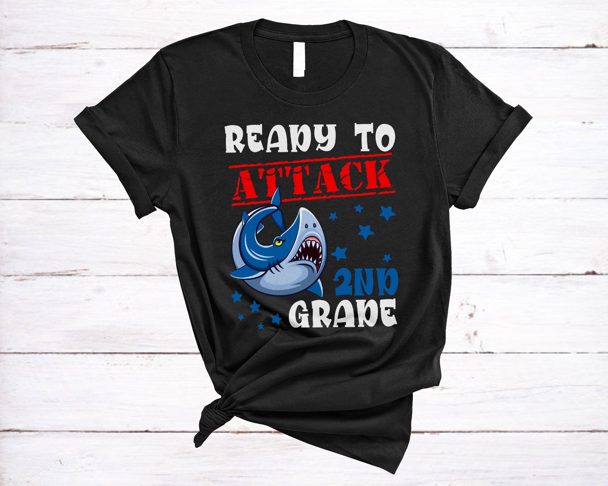 Back To School Shark Shirt Ready To Attack 2Nd Grade Funny School Shark Lover Boys Kids Gifts T-Shirt