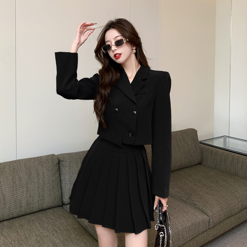 Women’s Autumn and Winter New High-end Temperament Lapel Long Sleeve Double Breasted Short Coat+Pleated High Waist Skirt Suit alx