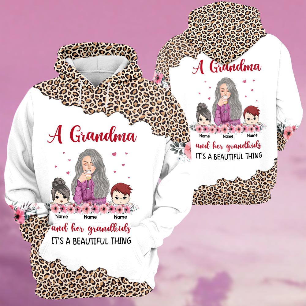 A Grandma And Her Grandkids It’S A Beautiful Thing Leopard Pattern Personalized All Over Print, 3D Hoodie And Legging Set For Grandma Hn98 Huts