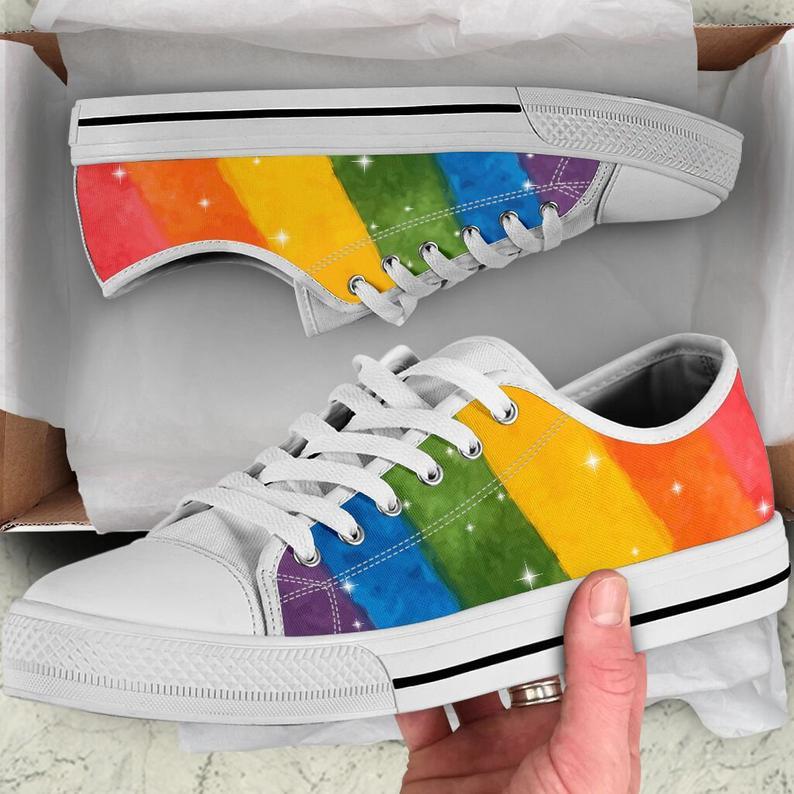 Rainbow Glittery White Canvas Low Top Shoes, Sneakers Best Gift For LGBT Family Friends Birthday Gift