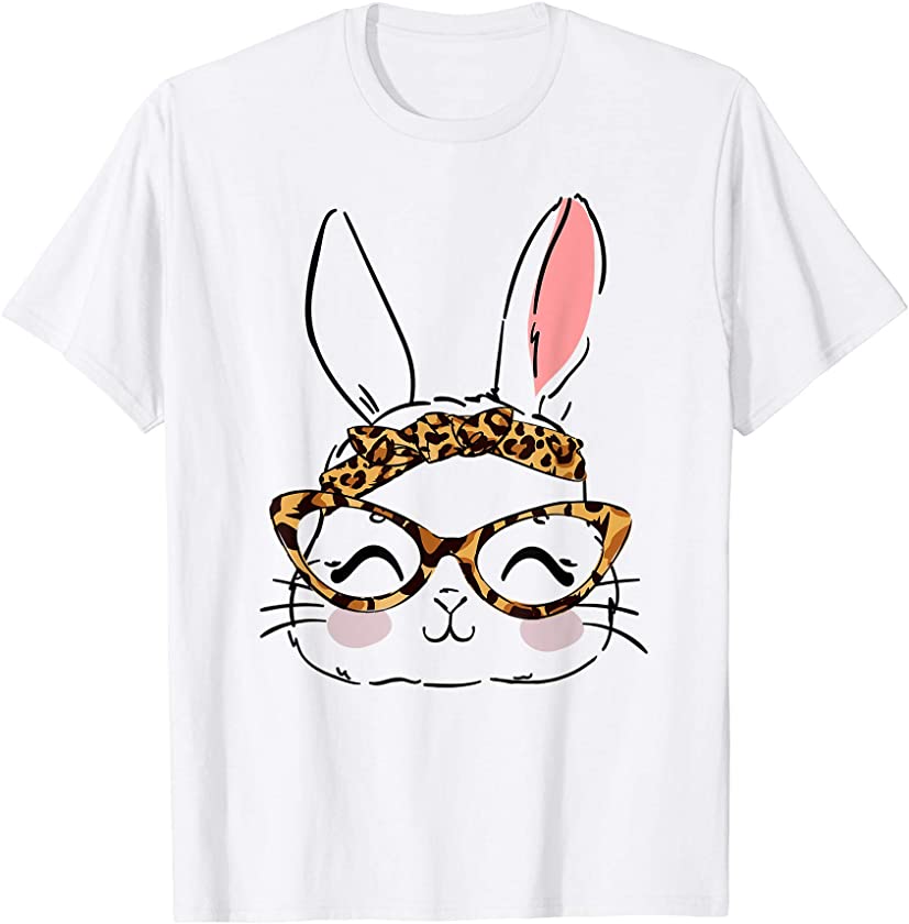 Bunny Easter Leopard Plaid Glasses Easter Cute Bunny Face T-Shirt