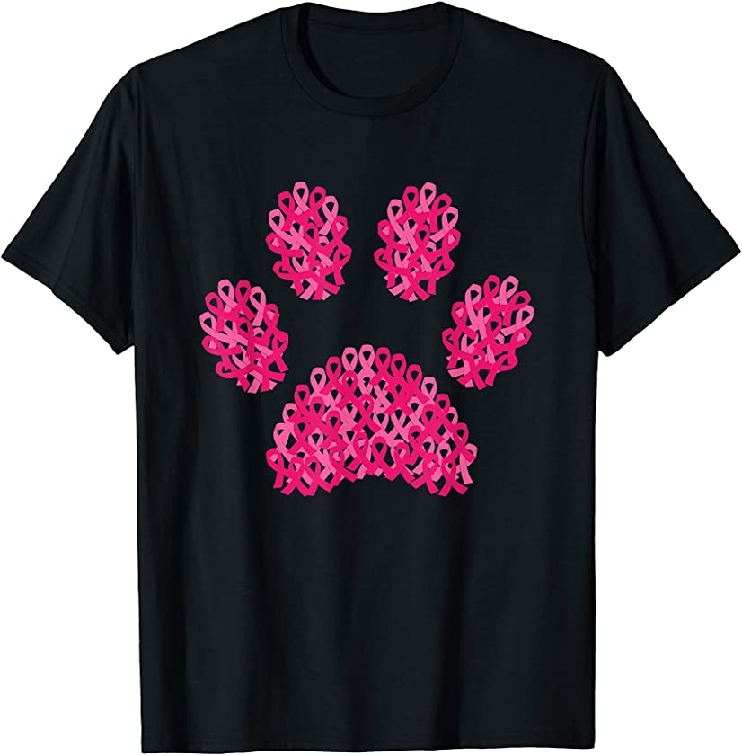 Pink Ribbon Dog Paw Print Breast Cancer Awareness Puppy Love T-Shirt