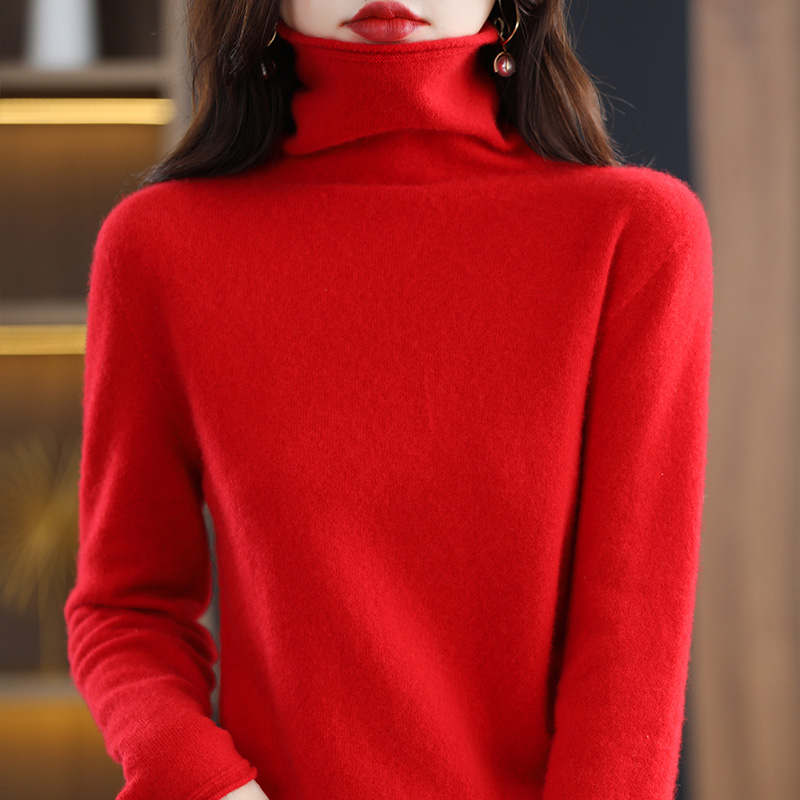 Sweater women’s 100% pure wool turtleneck is thin and versatile new loose high-end pile collar bottoming sweater alx