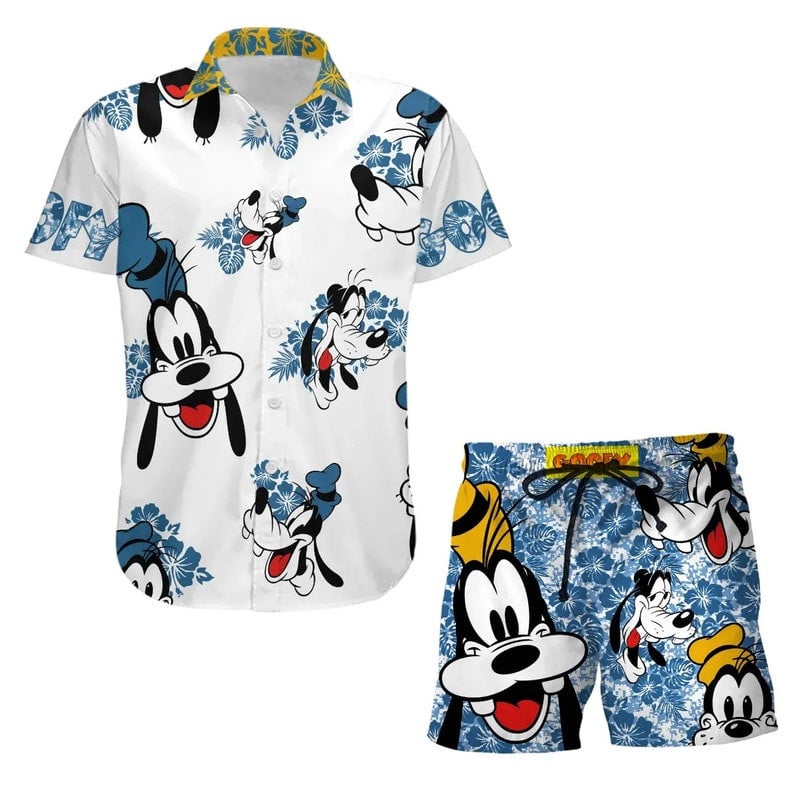 Goofy Dog Hibiscus Disney Cartoon Graphics All Over Print 3D Combo Hawaiian Shirt & Beach Shorts – White Blue