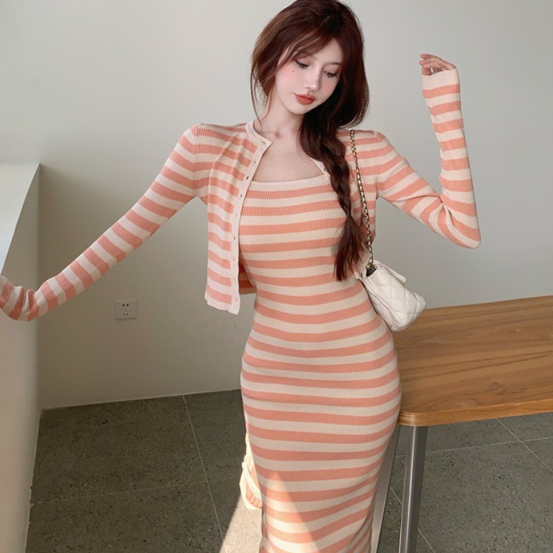 Stripe Knitted Women Fashion Two Piece Set 2022 Spring Long Sleeve Cardigan Tops And Sexy Sheath Sling Dress Elegant Suit Female alx