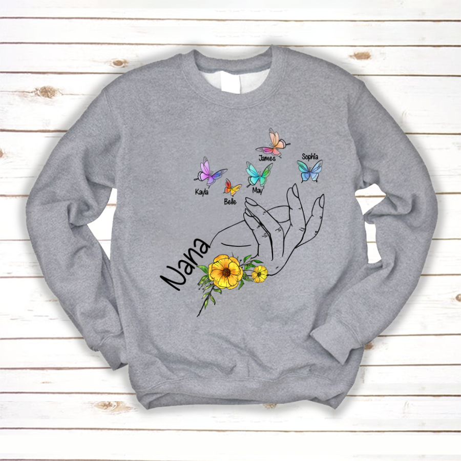 Grandma And Grandkids Flower Hands Butterfly Sweatshirt