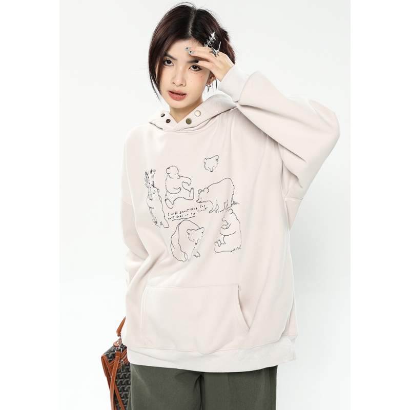 Women Clothing Beige Vintage Street Sweatshirt Printing Female Winter Thicken Long Sleeves Casual Warm Oversize Baggy Hoodie alx