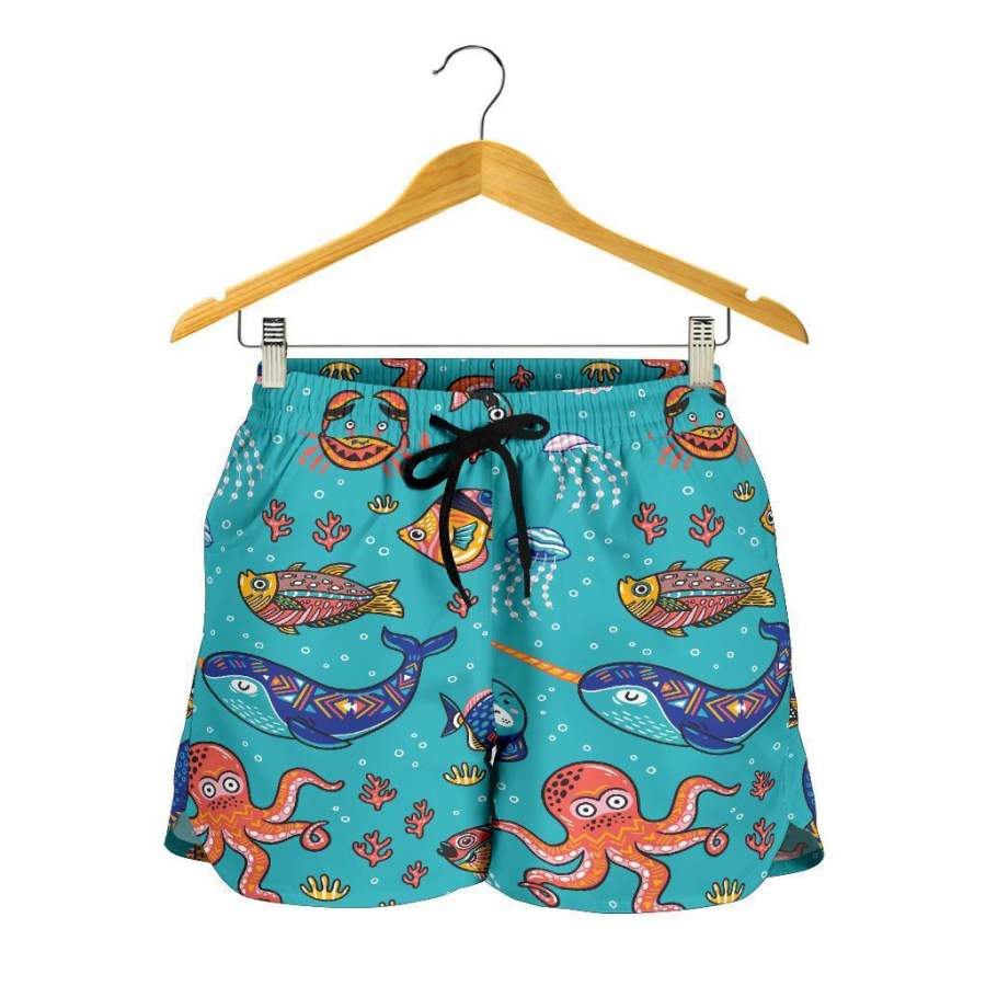 Manatee Whale Fish Octopus Pattern Print Women’s Shorts