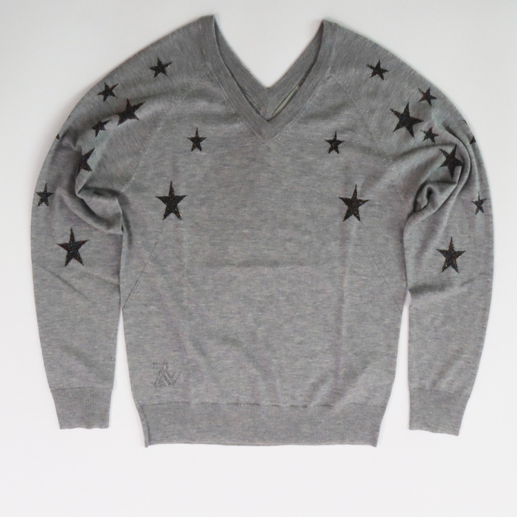 Women Sweater Early Autumn New Ladies Double V-neck Sexy Cashmere Long Sleeve Three Color Thread Woven Star Sweater alx