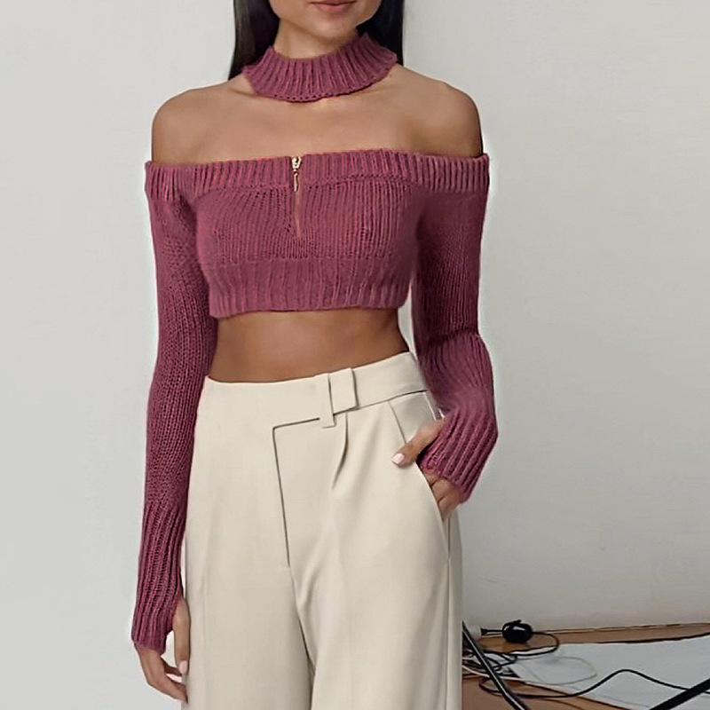 2022 Winter Autumn Women Slim Knitted Sweaters Sexy Off Shoulder Solid Pullover Jumper Long Sleeve Crop Tops For Women alx