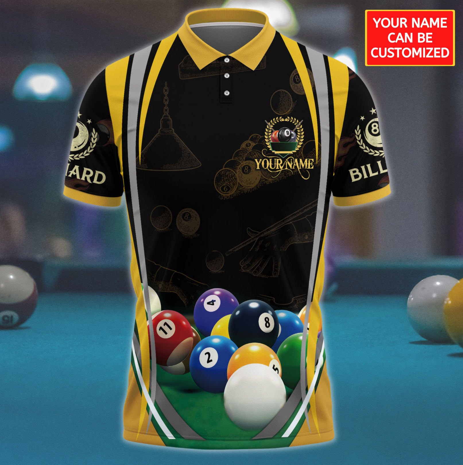 Personalized Name Black And Yellow Pool Table Billiard Polo Shirt, Cool Shirt For Pool Player