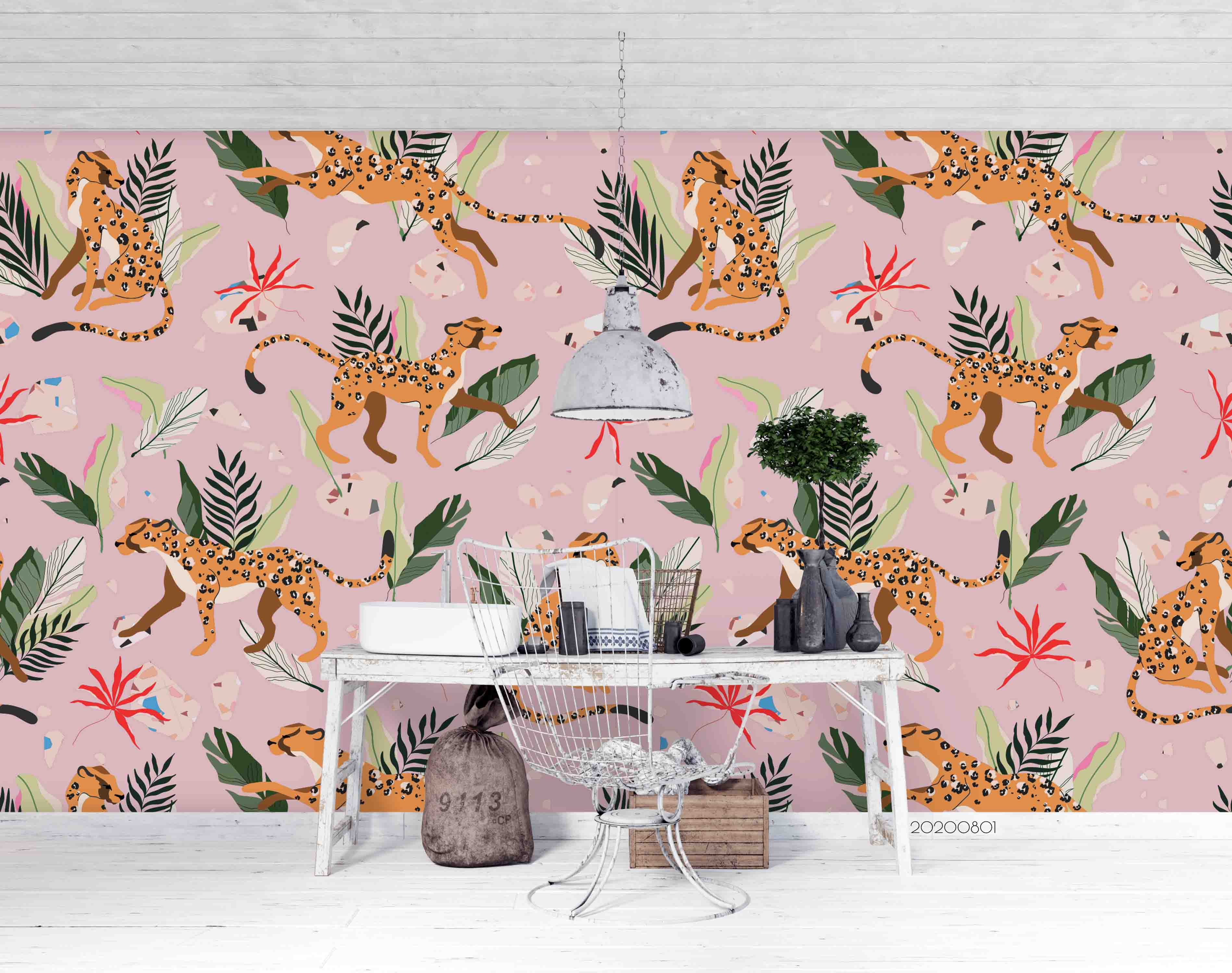 3D Pink Leopard Leaves Wall Mural Wallpaper Sf58