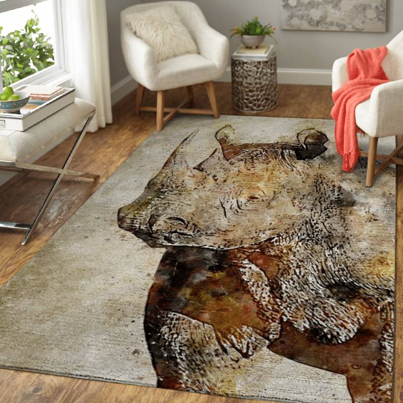 Rhino Head Vintage Art – Animals Area Rug Carpet