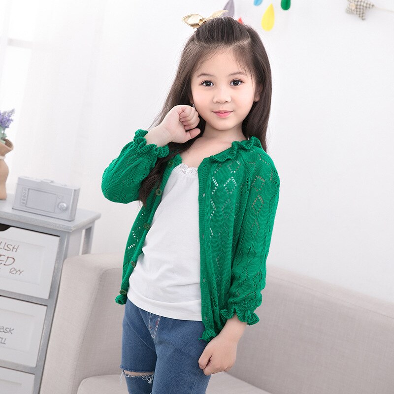 Spring Autumn Girls Hollow Out Ruffles Ruched Cardigan Sweater 4 Colors Baby Girls Preppy Style Thin Knitted Sweaters 2-14T alx