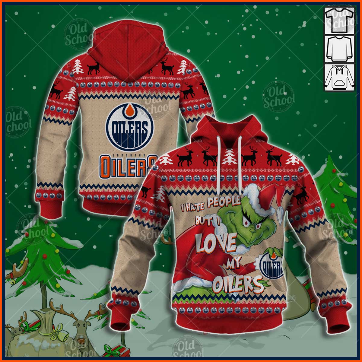 Edmonton Oilers X Grinch Christmas Ugly Sweater Style Personalize Hoodies