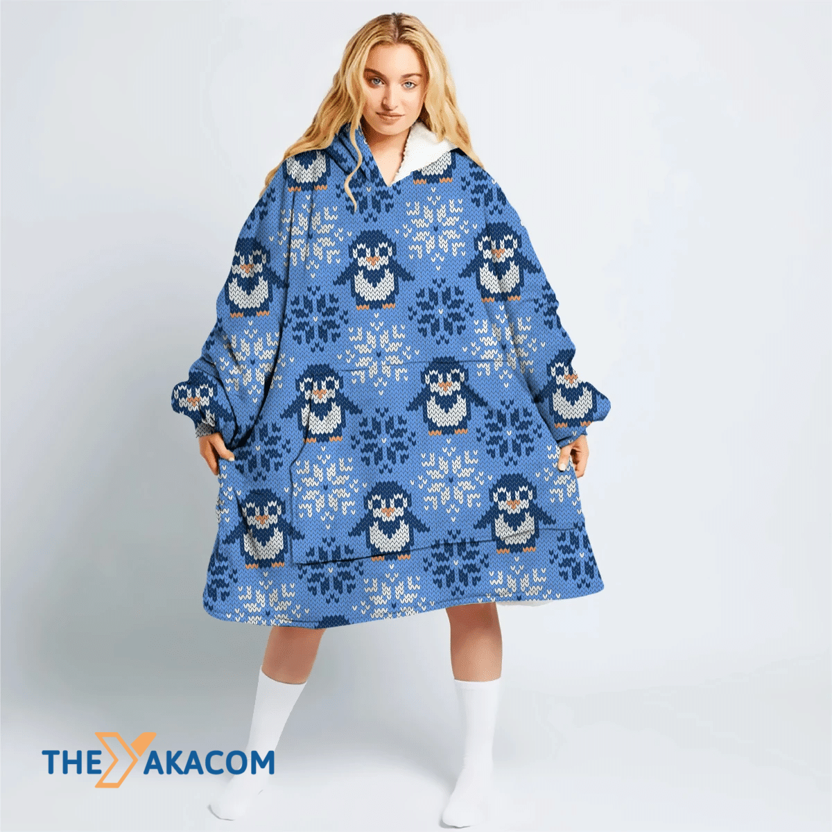 Happy Penguin And Snowflakes Winter Knitted Style Hoodie Blanket