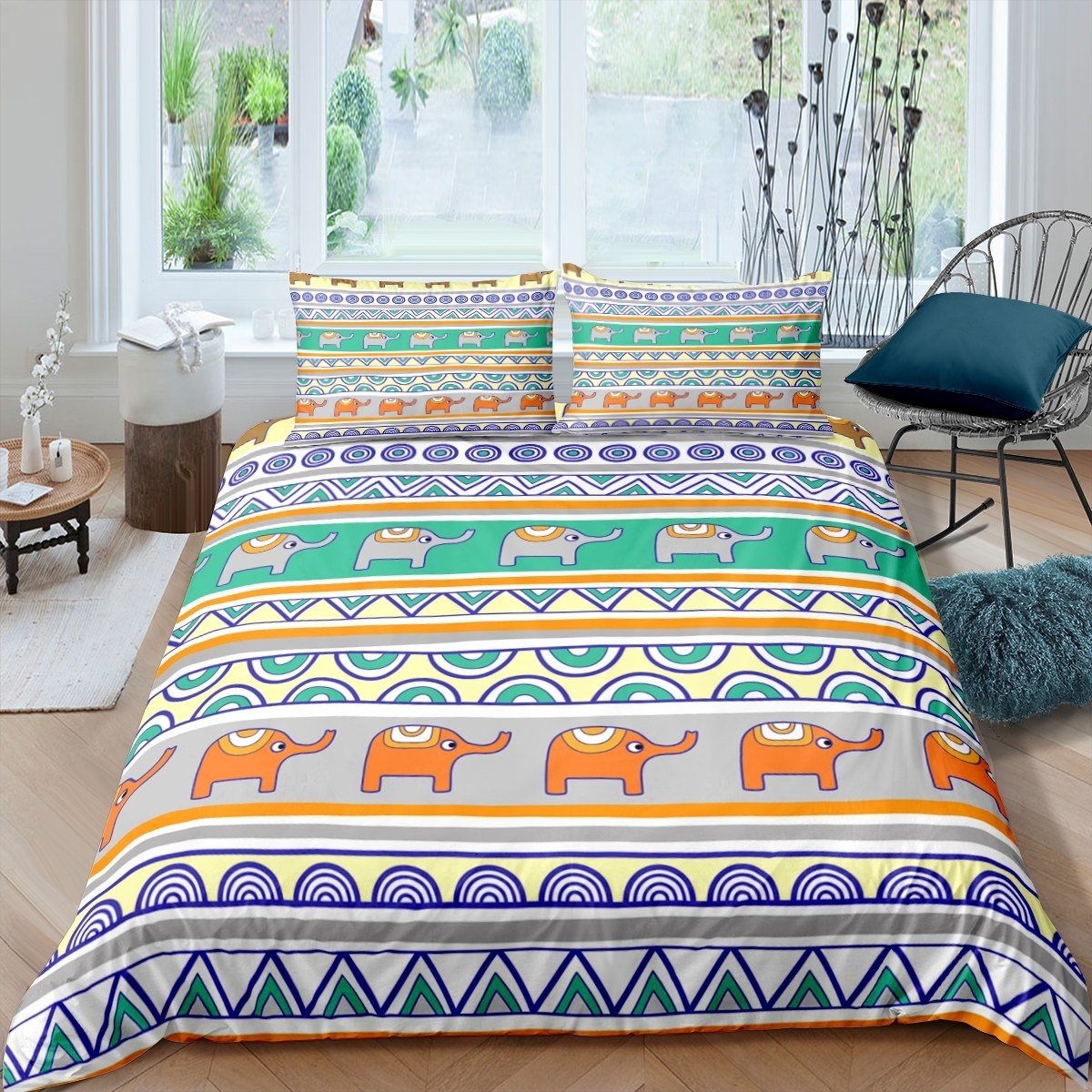 Bohemian Comforter Cover Set for Kids Boys Girls Boho Elephant Print Duvet Cover Geometric Patterns Bedding Set Indian Tribe Exotic Quilt Cover,Room Decor 2/3Pcs Bedding