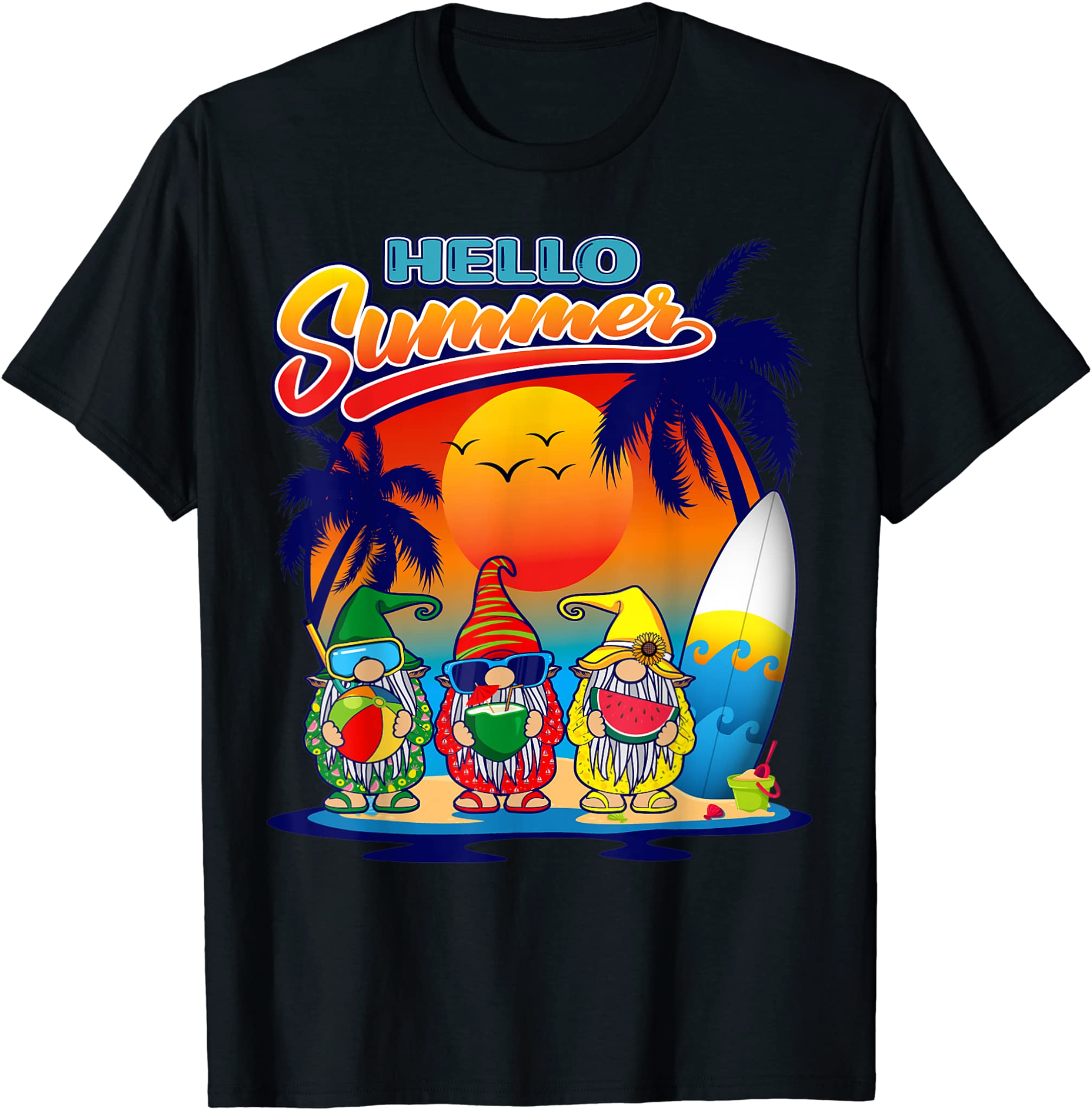 Hello Summer Vacation Garden Gnomes Beach Vibes Womens T-Shirt