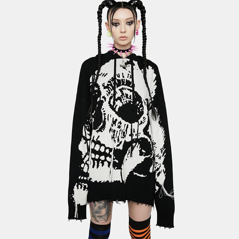 2022 Punk Harajuku Skeleton Cartoon Knitted Sweater Harajuku Streetwear Cotton oversized Pullover Goth Y2K women Sweater top alx