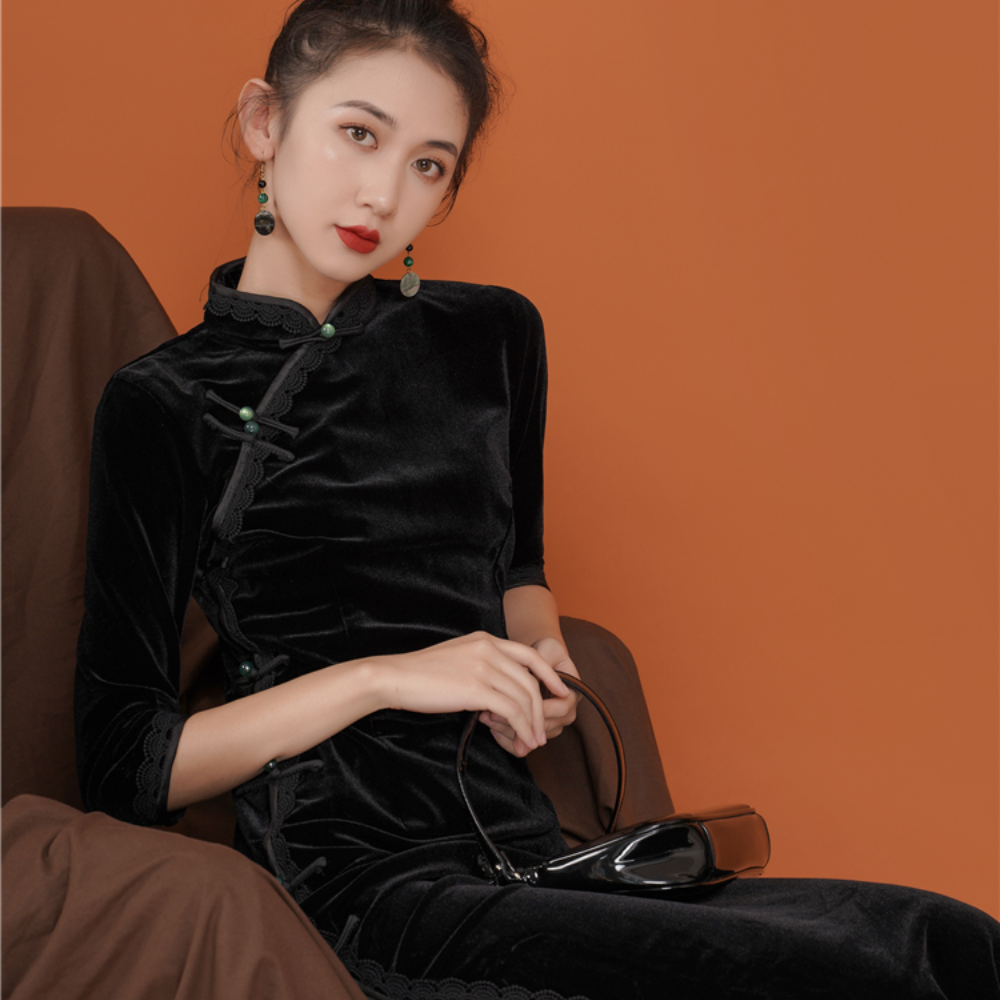 2022 Autumn and Spring Vintage Black Velvet Slim Long Sleeve Qipao Dress For Women Chinese Style Elegant Cheongsam Long Dresses alx