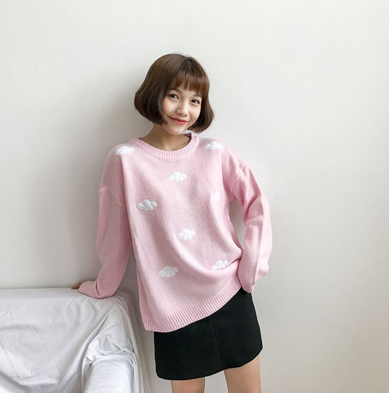 Women’s Sweatshirts Casual Knit Sweater Adults Cute Cloud Pattern Long Sleeve Round Neck Warm Pullover Streetwear Y2k alx