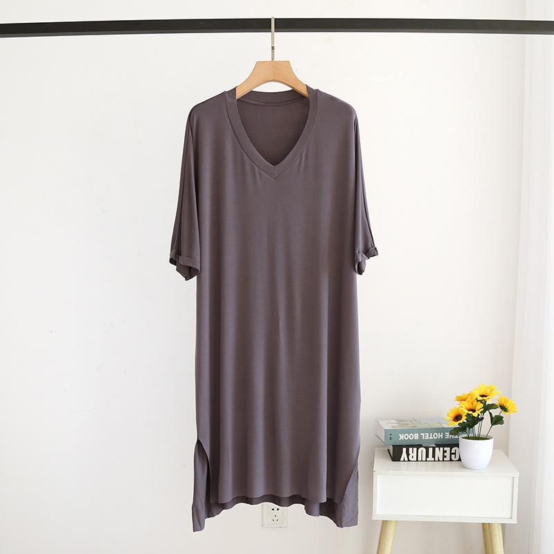 Women Summer Pajamas Comfortable Soft Modal V-neck Thin Nightdress Solid Color Short Sleeve Home Clothes Sexy Sleep Night Dress alx