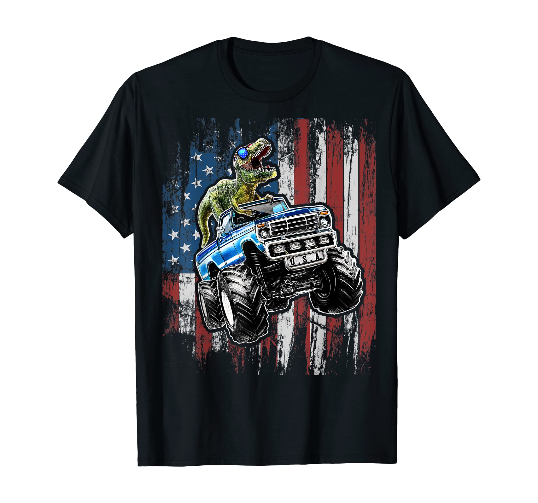 T Rex Dinosaur Monster Truck 4th of July American Flag Boys T-Shirt