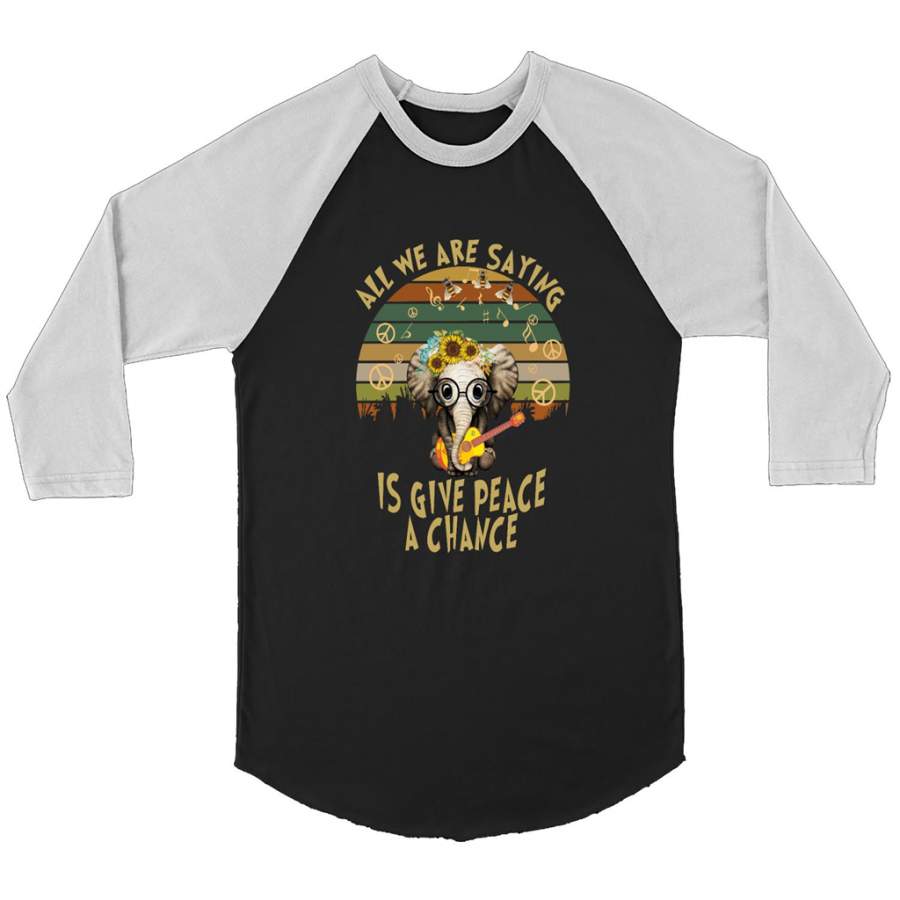 All We Are Saying Is Give Peace A Chance, Retro VIntage, Elephant Floral Guitar Design – Canvas 3/4 Raglan Shirt