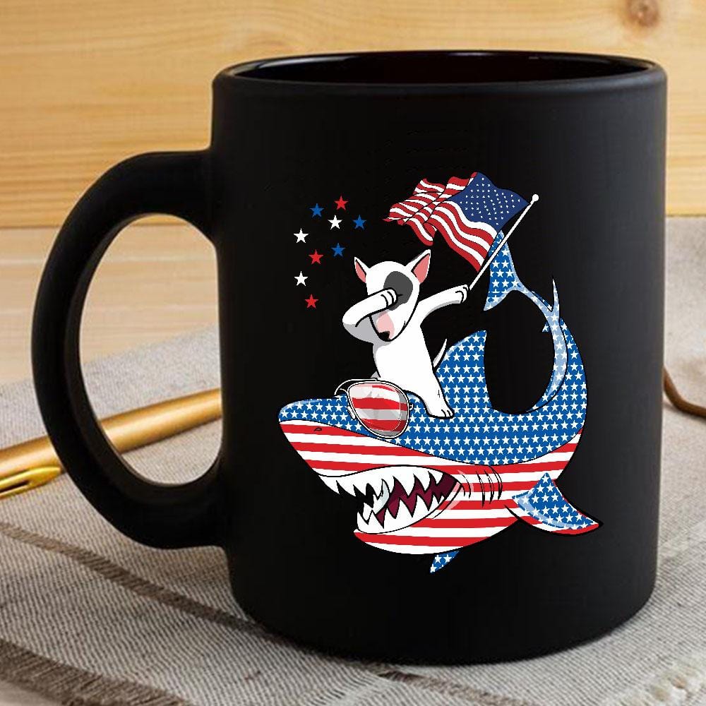 Dabbing Bull Terrier Rides Shark Coffee Mug Father’s Day Mother’s Day Independence Day Gift Idea BPS192