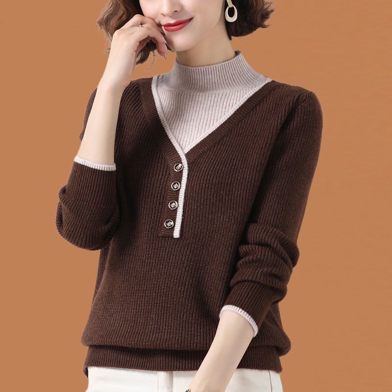 2022 Autumn Winter Half High Collar Pullovers Sweaters Female New Jumpers Fake Two Pieces Knitted Long Sleeve Patchwork Button alx