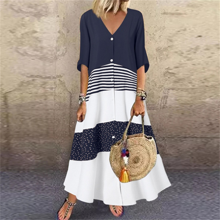 Women Stiching Sundress 2022 Elegant Summer Shirt Dress Half Sleeve Printed Maxi Vestidos Female V Neck Robe alx