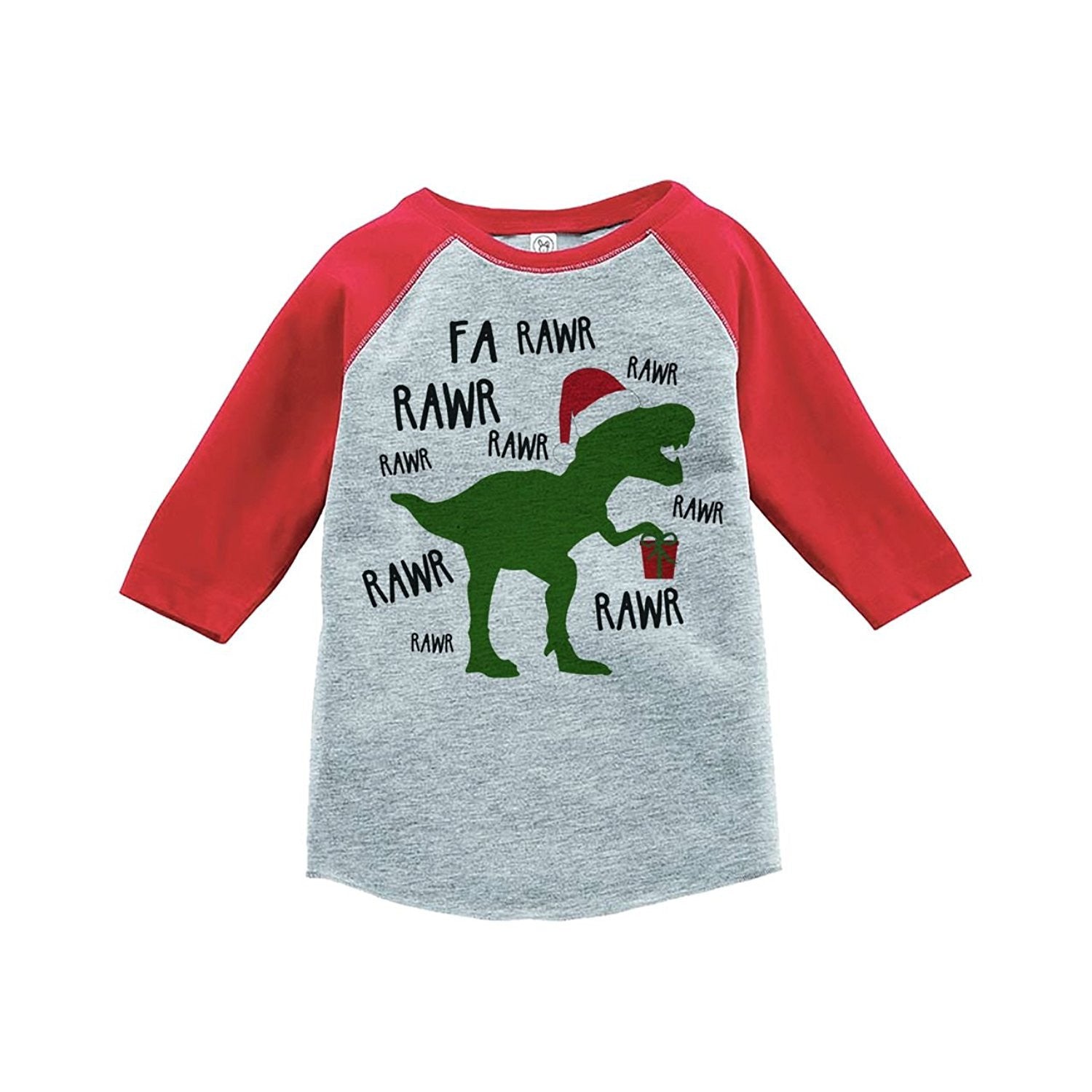 7 Ate 9 Apparel Youth Christmas Dinosaur Red Baseball Tee