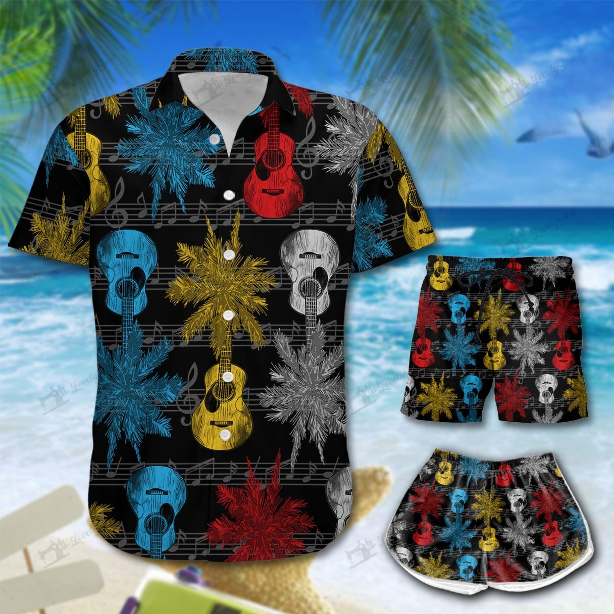 Palm Tree Acoustic Guitar Hawaiian Shirt Shorts Ha105486