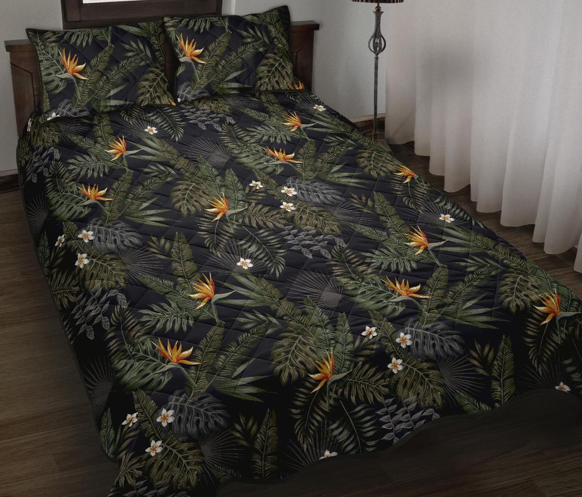 Hawaii Quilt Bed Set Tropical Leaves And Flowers In The Night Style AH J1