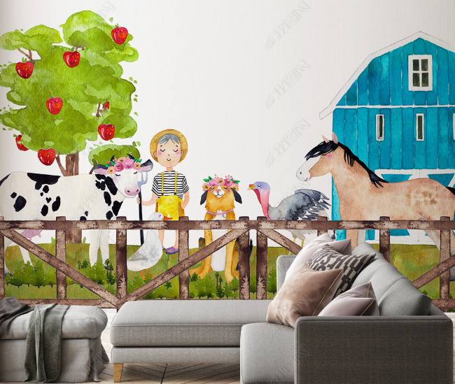 3D Cartoon House Animal Tree Wall Mural Wallpaper Lqh 13