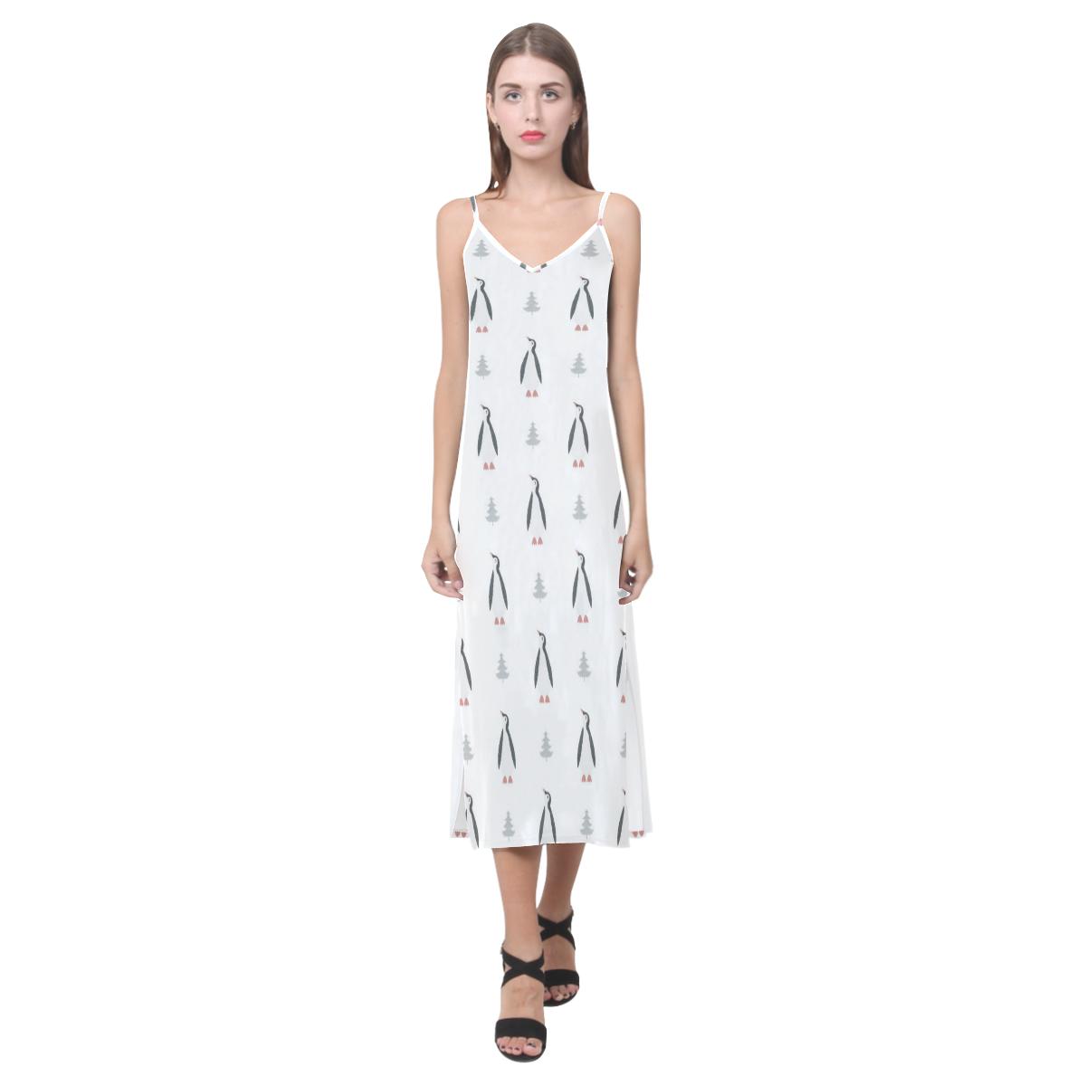 Penguin pattern V-Neck Open Fork Long Dress