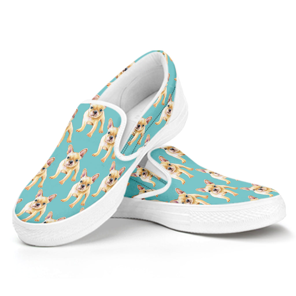 Watercolor French Bulldog Puppy Print White Slip On Shoes