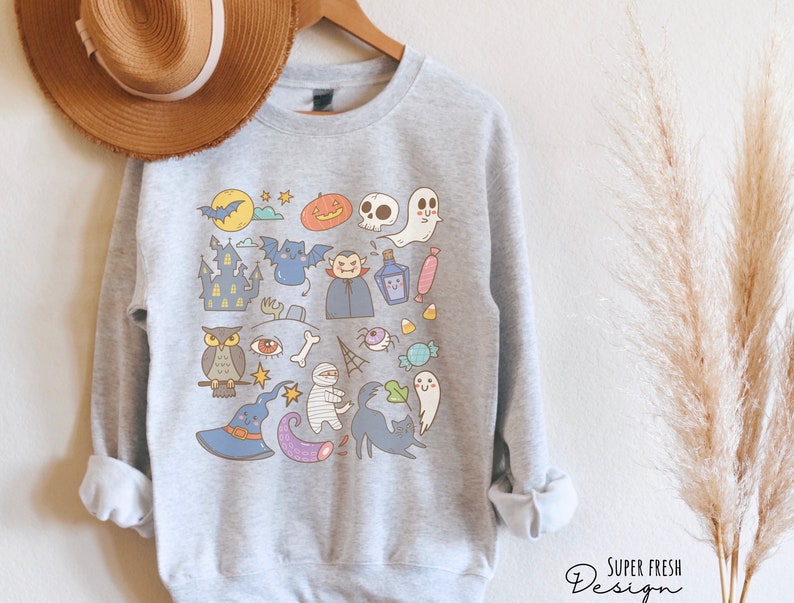 Halloween Doodles Sweatshirt, Halloween Little Things, Witch Pumpkin Shirt, Cute Spooky Crewneck Sweater, Vintage Halloween Sweaters