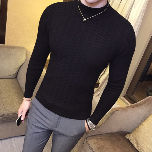 2022 Men Pullover Sweater Fashion Casual Striped Solid Color Sweater Men Half-high Collar Stretch Tight Sweater Slim Knit Tops alx