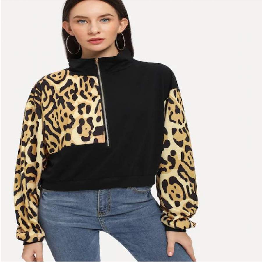 Contrast Leopard Half Zip Sweatshirt